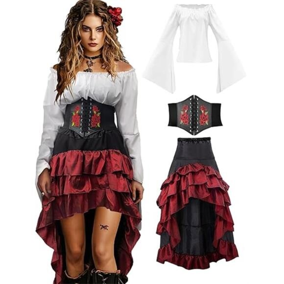 Pirate Costume Women Outfit with Renaissance Pirate Shirt Skirt Corset - Picture 7 of 7